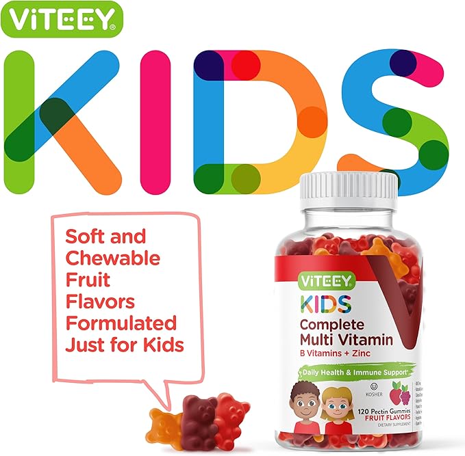Viteey Kids Multivitamin Gummies, Complete Daily Essential Kids Vitamins - Great for Immune Support & Overall Health - 12 Essential Minerals & Vitamins - Vegetarian, Gelatin Free- Fruit Flavor Gummy