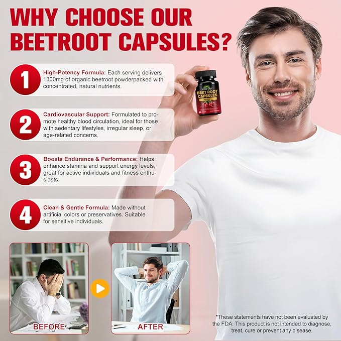 Beet Root Capsules for Natural Energy & Endurance Support,1300mg Beetroot Powder,Beet Supplement to Support Circulation and Blood Flow- 60 Capsules,30-Day Supply