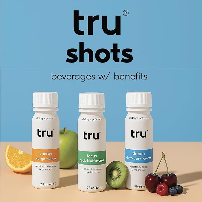 Tru Energy Shot, Extra Strength Energy Drink with Natural Caffeine, Green Tea, B Vitamins B3, B6 & Vitamin B12, Zero Sugar & Calories, Keto, Vegan, Gluten Free, Orange Mango, 2 FL OZ Bottles, 12 Pack
