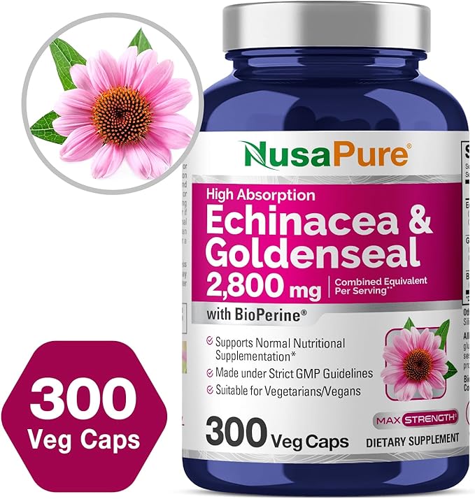 NusaPure Echinacea Goldenseal 200mg, (Extract 10:1, Equivalent to 2,000mg), 200mg, (Extract 4:1, Equivalent to 800mg) - 2800mg 300 Veggie Caps (Vegetarian, Non-GMO, Vegan)