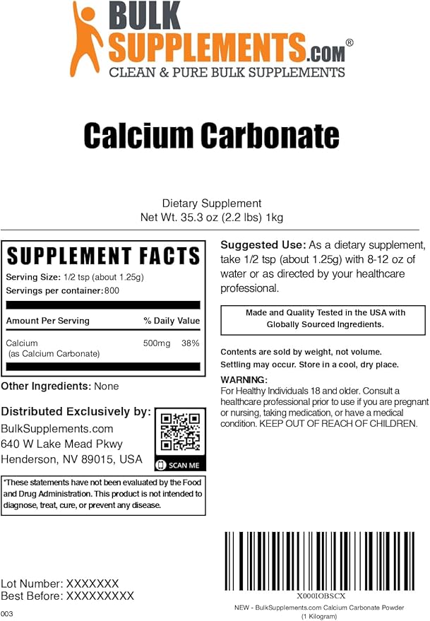 BulkSupplements.com Calcium Carbonate Powder - Calcium Carbonate Food Grade, High Absorption - Gluten Free, 1.25g per Serving, 1kg (2.2 lbs) (Pack of 1)