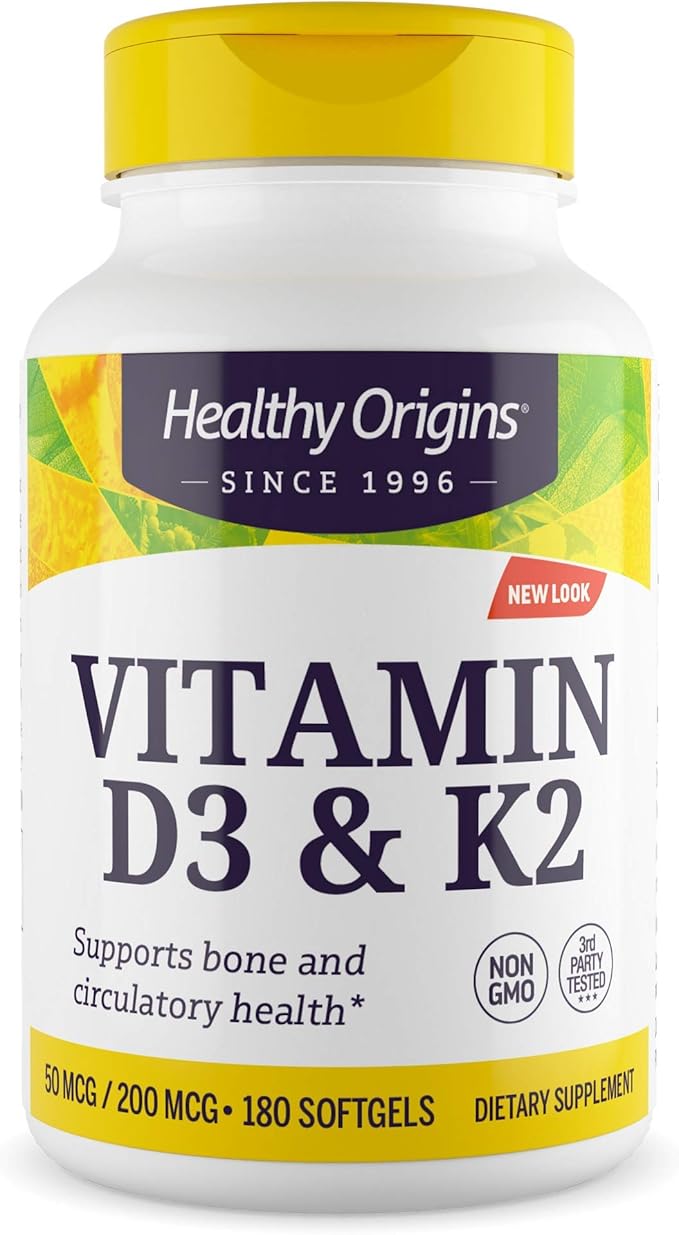 Healthy Origins Vitamin D3 2,000 IU (50 mcg) & K2 200 mcg (Non-GMO, 3rd Party Tested, Bone Support, Cardiovacsular Support), 180 Softgels