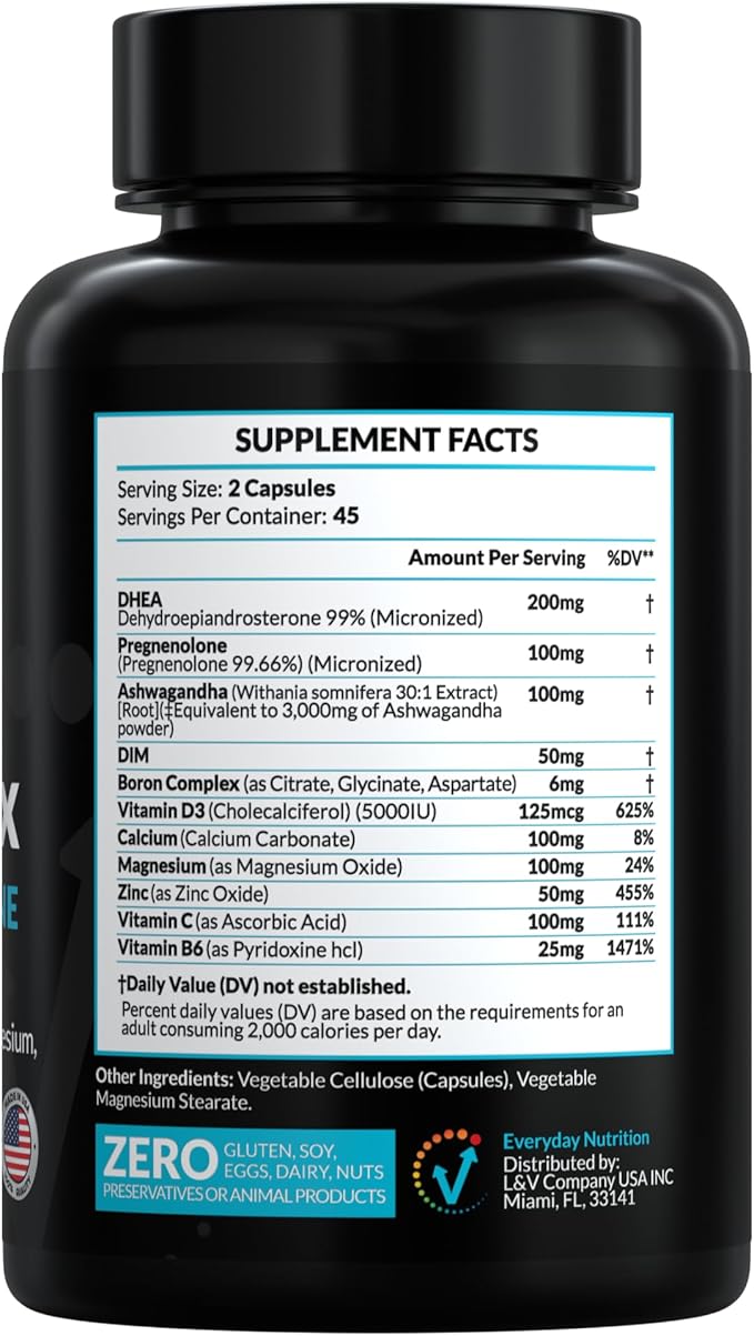 DHEA Micronized 200mg Complex with Pregnenolone 100mg Supplement for Men & Women with Ashwagandha, DIM, Magnesium, Boron, Calcium , Zinc, Vitamin D3, C and B6 Hormone Support - Made in USA 90 Capsules