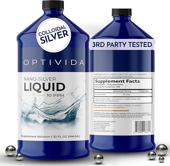Optivida Health Nano Colloidal Silver Liquid (32 oz) – Immune Support Supplement with Silver Hydrosol, Liquid for Immune System Support, Colloidal Silver for Adults & Kids, Non-GMO, Gluten-Free