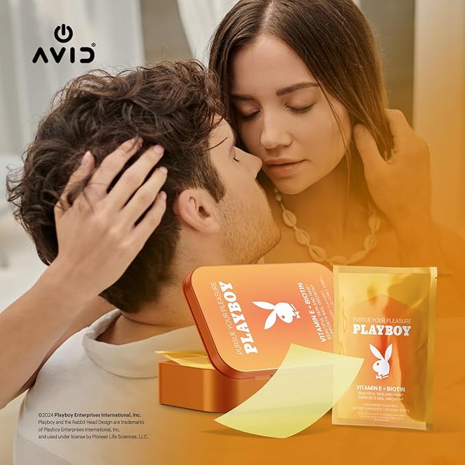 Playboy - Vitamin E + Biotin Oral Strips Supplement (30 Edible Strips) Fast Dissolving Skin, Hair & Nail Growth Supplement with Folic Acid - Strawberry Flavored Beauty Supplements for Women & Men