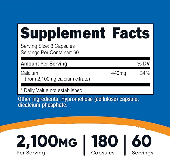 Nutricost Calcium Citrate (2,100mg) 180 Vegan Capsules - GMO-Free, Gluten-Free, 60 Servings