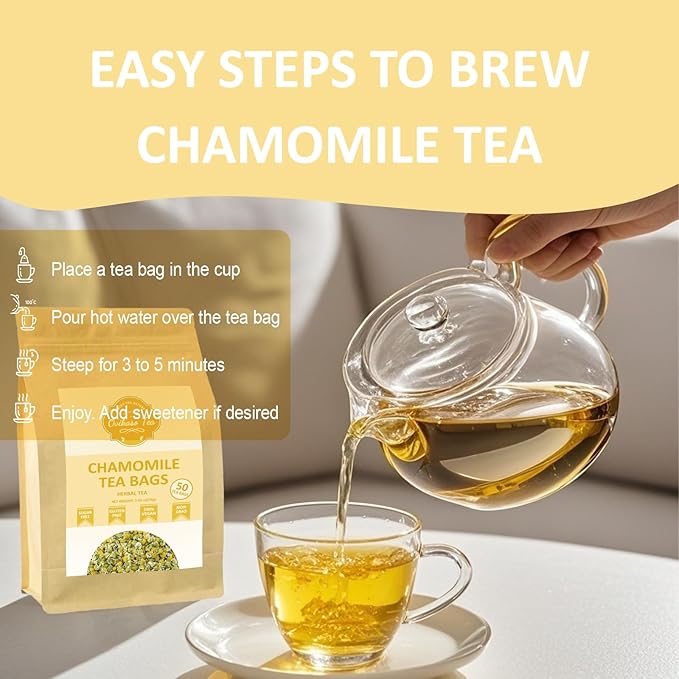 Ovikaso Tea, Chamomile Tea Bags, 50 Pyramid Tea Bags, 1.5g/bag, 100% Natural, Herbal Tea for Relaxation, Direct from Source, Non-GMO, No Caffeine