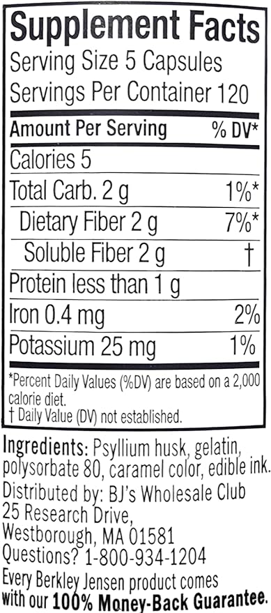 Berkley Jensen Daily Psyllium Husk Supplement (600 - Count), Natural Fiber for Men & Women - Fiber Capsules for Overall Digestive Health, Easing Constipation, Aiding Nutrient Absorption, Made in USA
