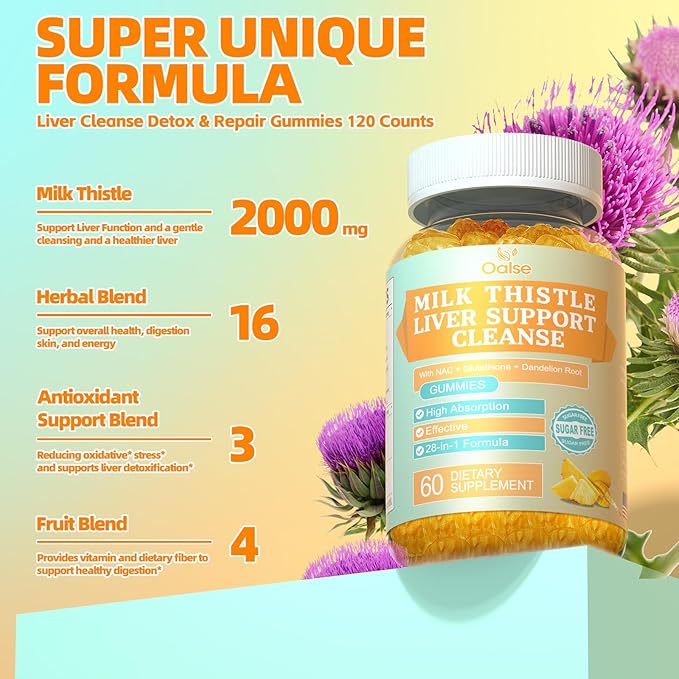 OALSE(2 Pack 2000 Mg Milk Thistle Gummies - Mango Pineapple - with NAC, Glutathione, Dandelion Root, etc - Gentle Detox* & Cleanse*, Gluten-Free, 120 Counts