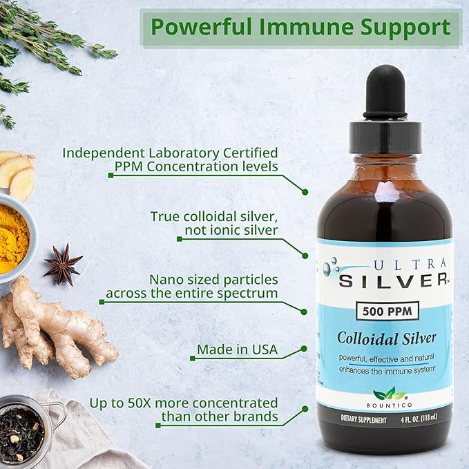 Ultra Silver® Colloidal Silver | 500 PPM, 4 Oz (118mL) | Mineral Liquid Supplement | True Colloidal Silver - with Dropper