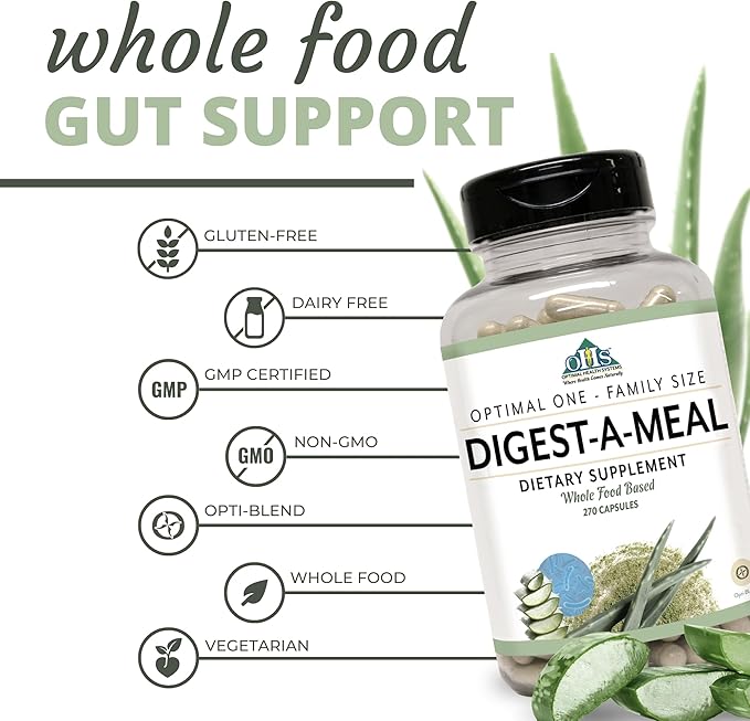 Optimal Health Systems Digest-A-Meal | Gut Health Enzyme & Probiotic | Bloating, Acid Reflux, & Indigestion Relief + Aloe Vera Leaf | Digestion Supplement | 270 Capsules Family Size