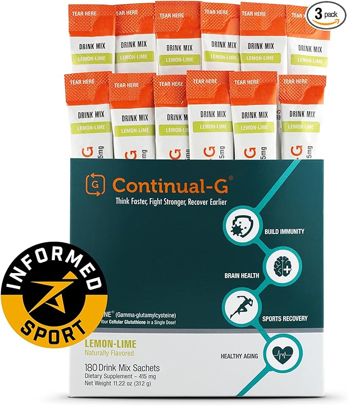 CONTINUAL - G Powder - Clinically Proven Cellular Glutathione Precursor | Benefit of Glyteine & Sunfiber | Immune Support, Master Antioxidant, Detox, Brain Health & Skin Care | 180 Sachets