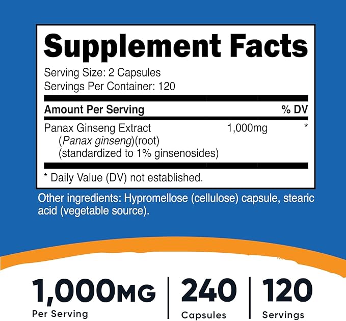 Nutricost Panax Ginseng 1000mg, 240 Capsules, 3 Bottles - Non GMO, Gluten Free, 120 Servings