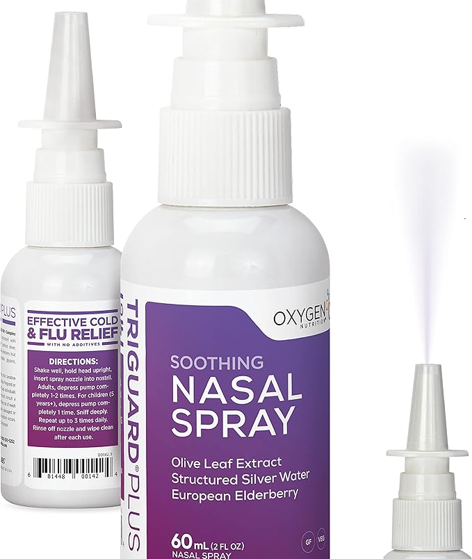 TriGuard Plus Colloidal Silver Nasal Spray with Olive Leaf Extract & Elderberry Extract | Sinus Treatment, Nose Spray & Immune System Booster 2 oz / 60ml, Made in USA (Packaging May Vary)
