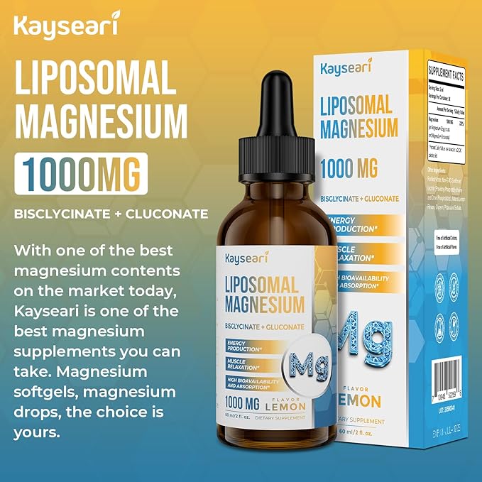 High Strength Liposomal Magnesium Drops, Easily Absorbed Chelated Forms of Magnesium Bisglycinate and Magnesium Gluconate, Supports - Sleep Aid, Stress, Mood, Gut - 60ML Lemon Flavored Liquid Drops