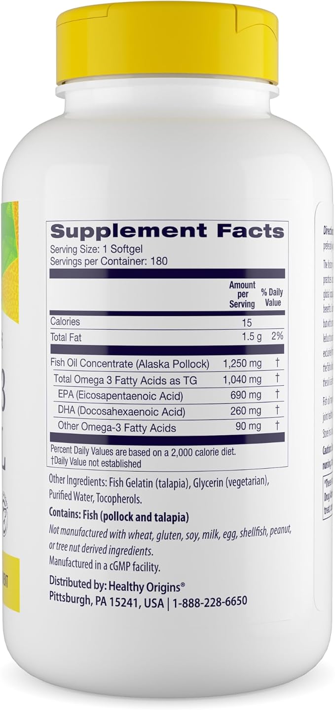 Healthy Origins Triple Strength Omega 3 Fish Oil 1250mg from Wild Alaska Pollock, with DHA, EPA & Omega 3s, Gluten-Free Non-GMO 180 Softgels