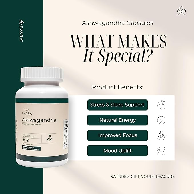 EVARA Ashwagandha Capsules with Black Pepper – 100 Count | High Potency 500mg Root Extract with 5% Withanolides | Natural Stress & Anxiety Relief, Sleep Support & Mood Balance