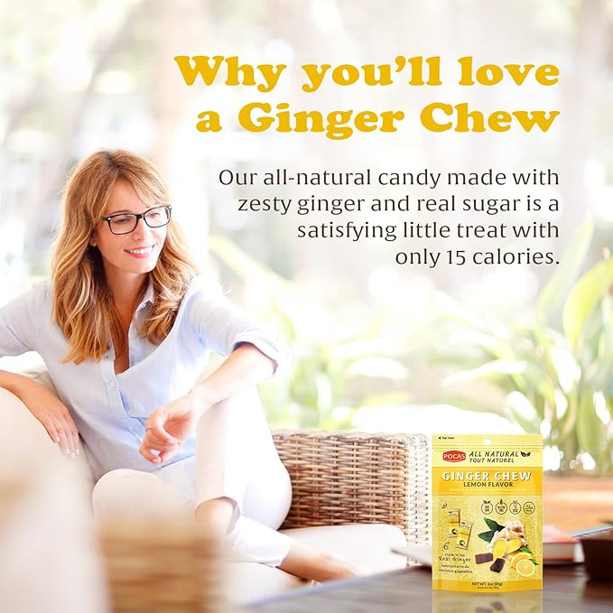 Pocas Lemon Ginger Chews - Sweet and Zesty Ginger Chew, Individually Wrapped Low-Calorie Snacks, Ginger Candy Made with Pure Cane Sugar, 3 Oz Ea (Pack of 4)