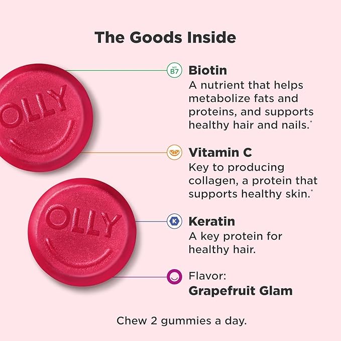OLLY Undeniable Beauty Gummy, for Healthy Hair, Skin & Nails,* Biotin, Vitamins C & E, Keratin, Chewable Supplement, Grapefruit Flavored, 60 Day Supply - 120 Count