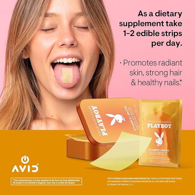 Playboy - Vitamin E + Biotin Oral Strips Supplement (30 Edible Strips) Fast Dissolving Skin, Hair & Nail Growth Supplement with Folic Acid - Strawberry Flavored Beauty Supplements for Women & Men