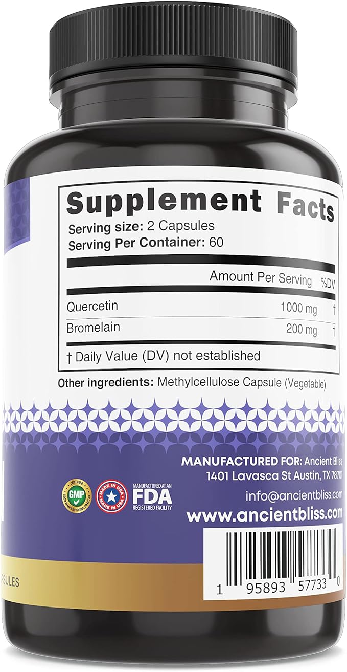 Ancient Bliss Quercetin with Bromelain | Quercetin 1000mg Bromelain 200mg per Serving | Supports Immune System, Joint Health, Respiratory Health & Overall Well-Being – 120 Capsules