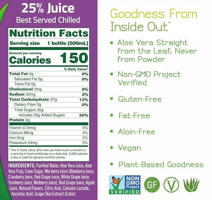 ALO Aloe Vera Juice Drink | SPRING - Aloe Vera + Mixed Berry | 16.9 fl oz, Pack of 12 | Plant-Based Drink with Real Aloe Pulp