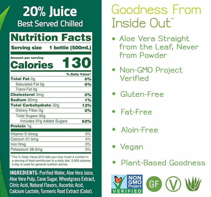 ALO Aloe Vera Juice Drink | AWAKEN - Aloe Vera + Wheatgrass | 16.9 fl oz, Pack of 12 | Plant Based Drink with Real Aloe Vera Pulp
