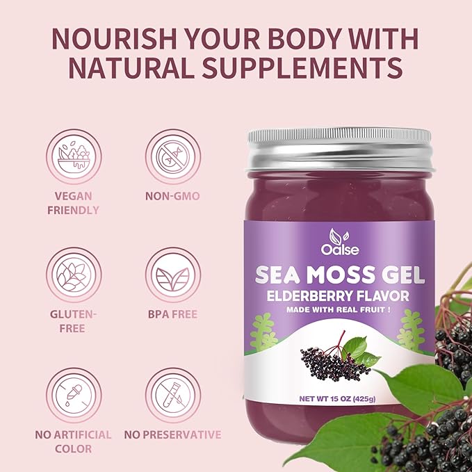 Irish Sea Moss Gel- Real Sea Moss and Elderberry Mixture - 15OZ Wildcrafted Sea Moss Advanced Gel-15OZ Elderberry Flavor