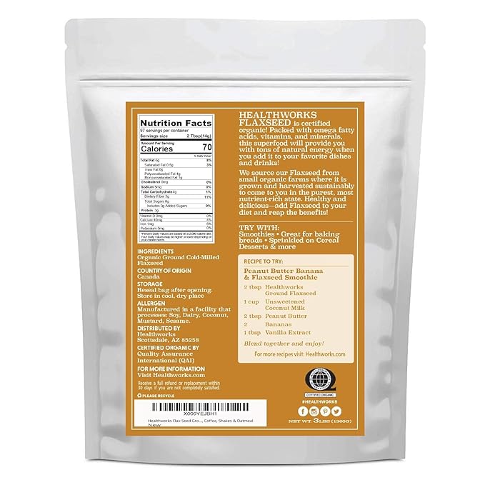 Healthworks Superfoods Flax Seed Organic - 48 Oz / 3 Lbs - Finely Ground Cold Milled Raw