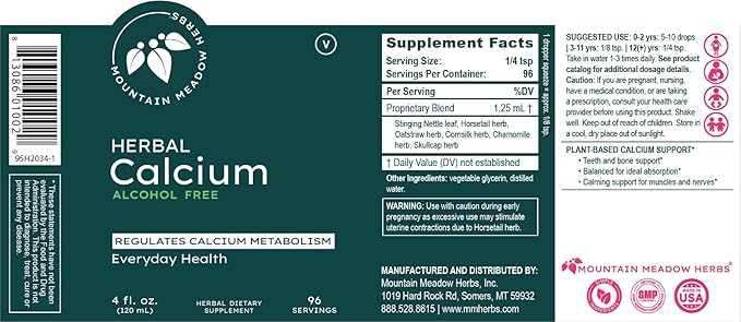 Mountain Meadow Herbs Herbal Calcium – Vegan Liquid Calcium Supplement for Bone & Teeth Support, High Absorption Plant-Based Formula for Adults & Kids - 4 oz