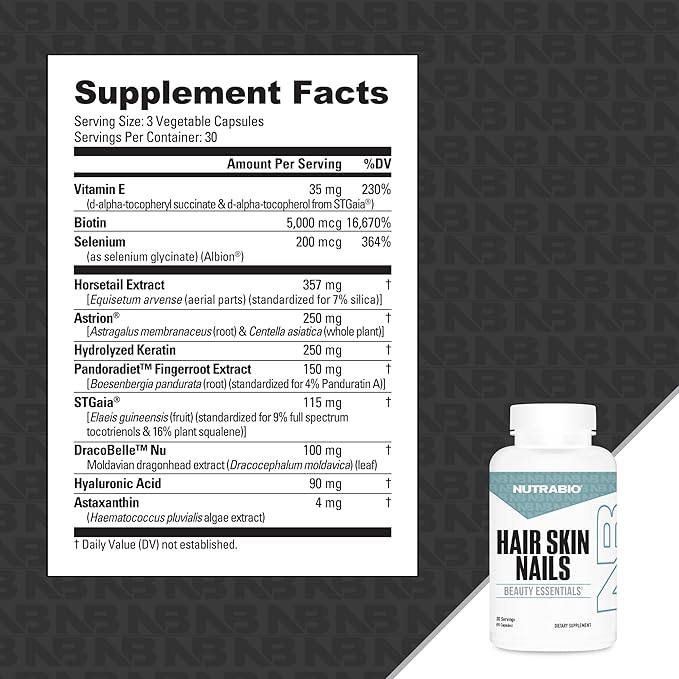 NutraBio Hair Skin Nails Vitamins| Enhanced Collagen Support | Skin Hydration | for Men & Women with Biotin, Keratin, Hyaluronic Acid & More- 90 Capsules