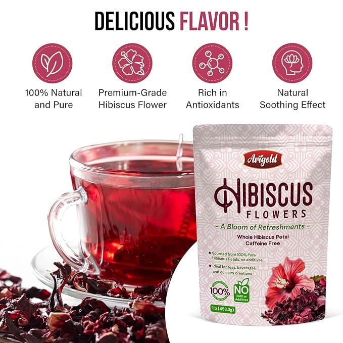 Arigold Pure Whole Petals Hibiscus Tea 1lb β Organic Dried Hibiscus Flowers,Flor de Jamaica, Hibiscus Sabdariffa, Bissap, Sorrel, hibiscus tea loose leaf Herbal Tea for Agua Fresca, Cocktails, Iced Tea & Hot Tea | Caffeine-Free & Rich in Antioxidants.