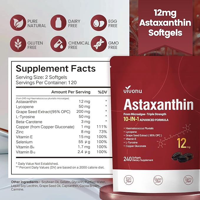 Astaxanthin 12mg, 960 Softgels, Fresh Haematococcus Pluvialis 10 in 1 Astaxanthin Antioxidant Supplements, Contains Lycopene, Grape Seed, Vitamin E, & More Supports Eye, Joints, Skin Health, 4 Bag