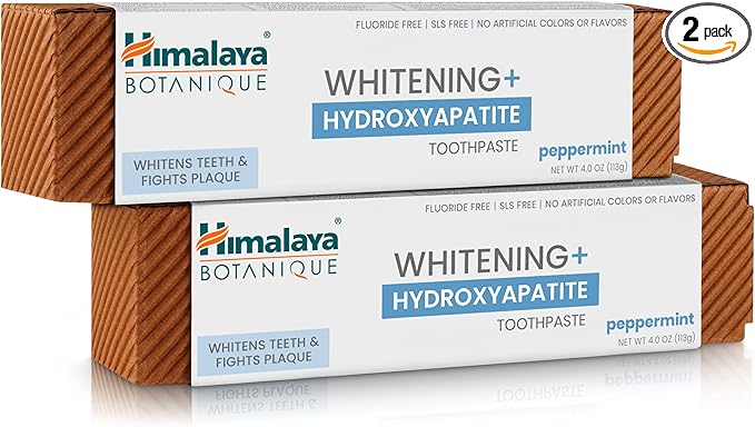 Himalaya Botanique Whitening + Hydroxyapatite Toothpaste, Peppermint - Nano Hydroxyapatite to Support Remineralization and Restore Enamel, Appropriate for Sensitive Teeth - Gluten Free, 4 oz, 2 Pack