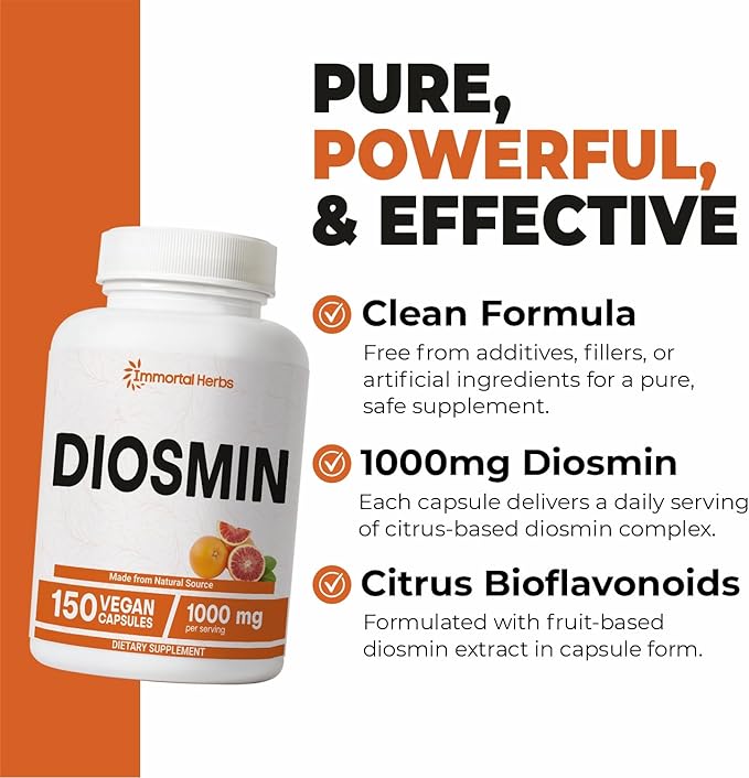 Pure Diosmin 1000mg Complex Formula, 150 Capsules, Citrus Bioflavonoids Rich Fruit Extract, 100% Vegetarian, Non-GMO & Gluten Free Diosmin Supplement