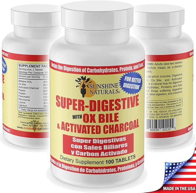 Super Digestive Supplement. Ox Bile & Activated Charcoal for Digestive Support, Bloating Relief, Gut Cleanse, Nutrient Absorption, and Overall Wellness. 100 Tablets. Pack of 2