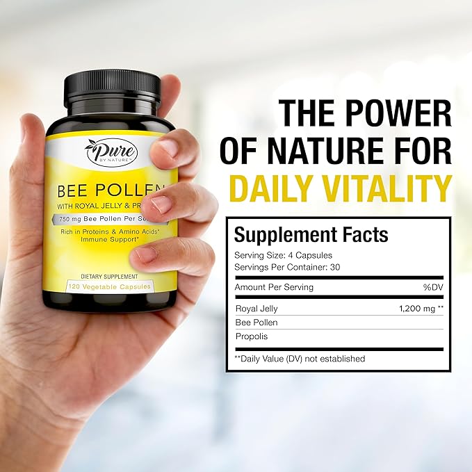 Pure By Nature Bee Pollen Supplement with Propolis & Royal Jelly for Immune Support, Antioxidant Properties, 120 Non-GMO Vegetarian Capsules