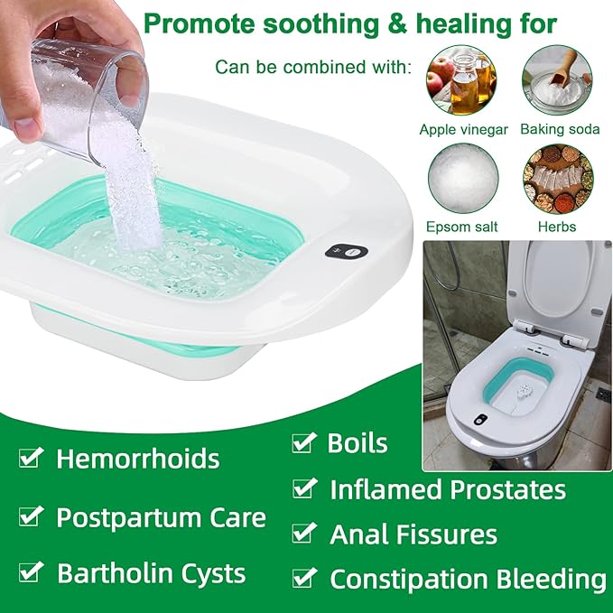 Electric Sitz Bath, Sitz Bath for Hemorrhoids, Sitz Bath for Postpartum Care, Toilet Seat Bowl for Women Men, Sits Bath Soak Tub, Sitz Baths Salts Pan, Butt Bath Basin, Portable, Green
