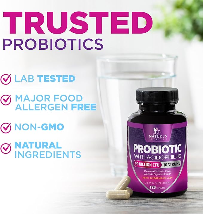 Probiotics 50 Billion CFU per Serving - 10 Strains + Prebiotics - Digestive Health, Gut & Immune Support - Supports Occasional Constipation, Gas & Bloating for Women & Men Shelf Stable - 120 Capsules