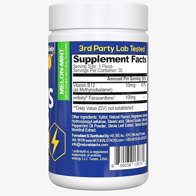Paraxanthine Supplement 100mg - Caffeine Free Focus Supplement for Productivity & Attention Support - Clinically Tested Enfinity Paraxanthine - Jitter Free Energy Support - 30 Melon Mint Focus Bites