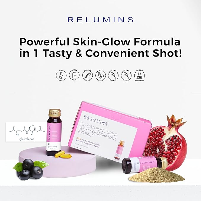 Relumins Glutathione Drink - Helps Promote Brighter and Firm Skin, Boosts Collagen Content, Moisture for a Younger Looking Skintone - Pomegranate Flavor, 50mL x 10 Gluta Shot Bottles