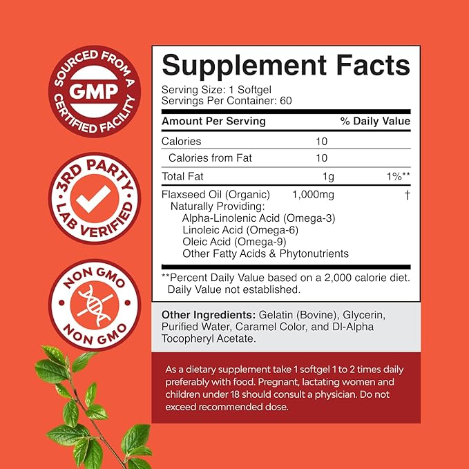 Flaxseed Oil 1000mg Softgels - High Potency Flax Seed Oil Softgels for Heart Health Digestion and Brain Support - Cold Pressed Organic Flaxseed Providing Plant Based Omega 3 6 9