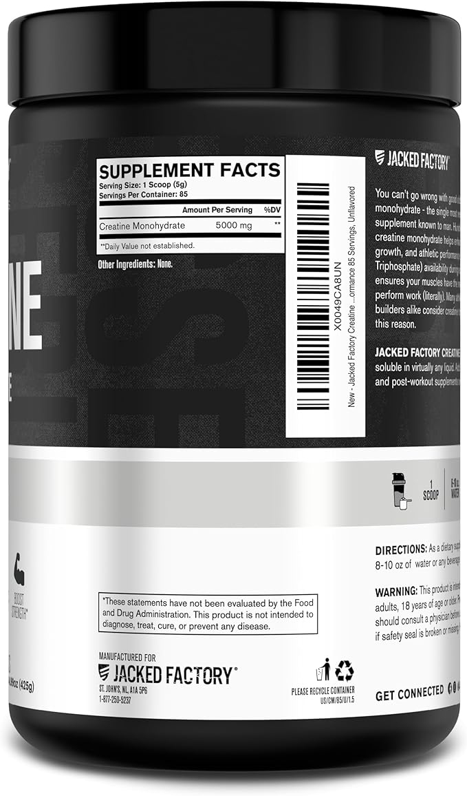 Jacked Factory Creatine Monohydrate Powder 425g - Creatine Supplement for Muscle Growth, Increased Strength, Enhanced Energy, & Improved Athletic Performance 85 Servings, Unflavored