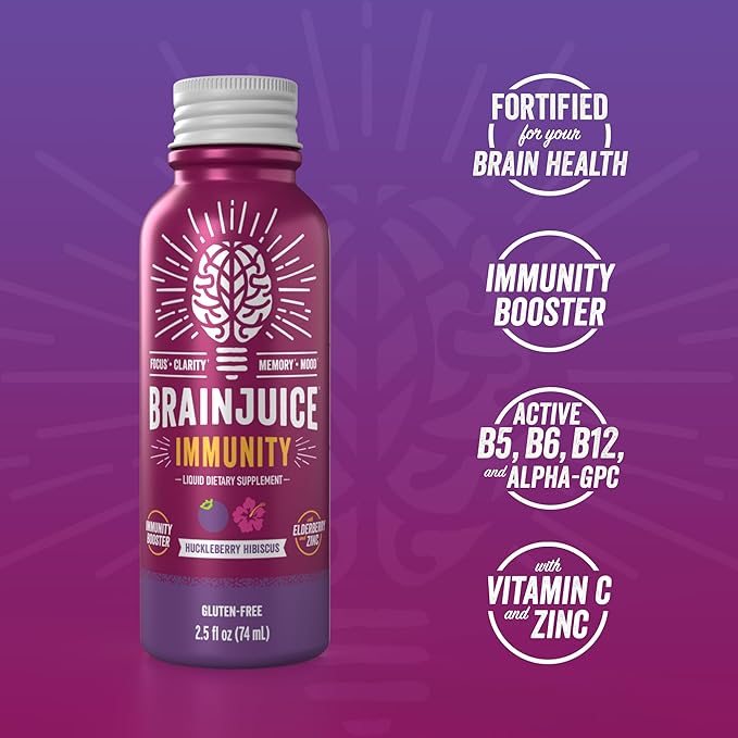 BrainJuice Brain and Immune Support Shot, Gluten Free Supplement Shots for Energy, Focus, Immunity with Vitamin D, C, B, Alpha GPC & Organic Ginger Root, Huckleberry Hibiscus, 2.5 fl oz, 12 Pack
