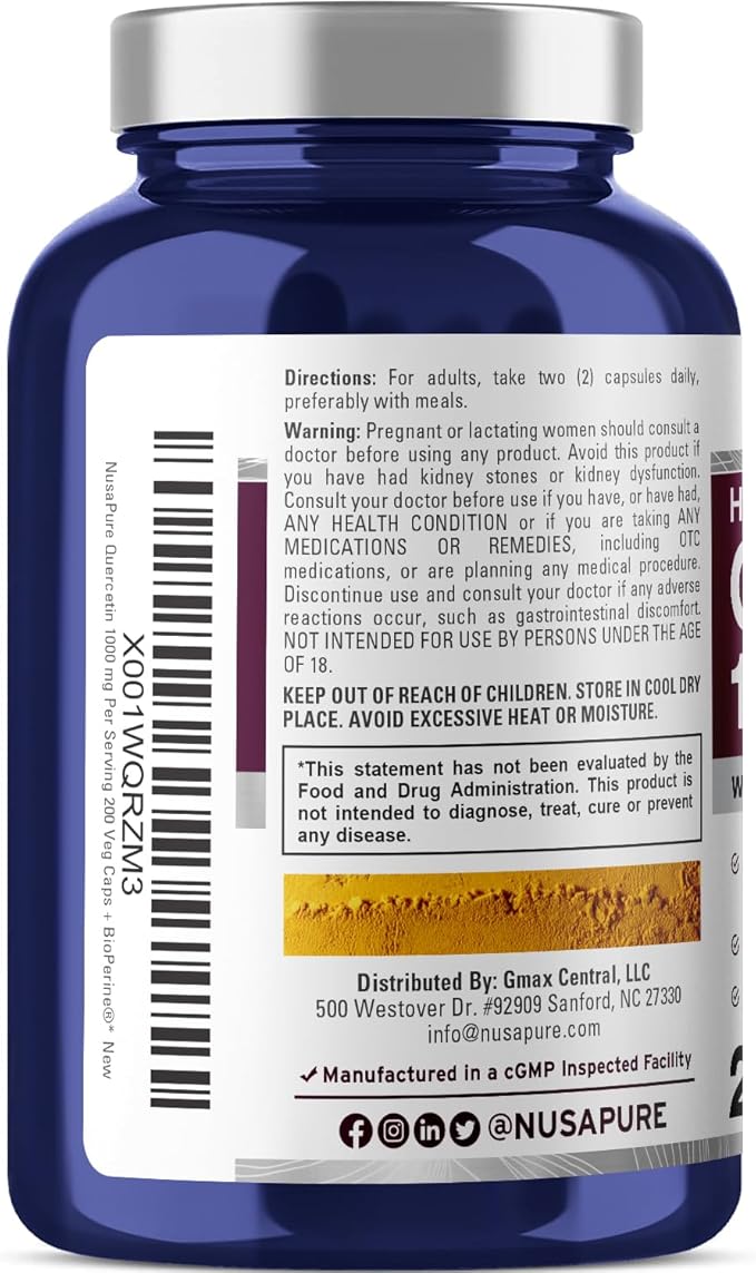 NusaPure Quercetin 1000mg - 200 Veggie Caps (Non-GMO, Vegan, Vegetarian) Bioperine