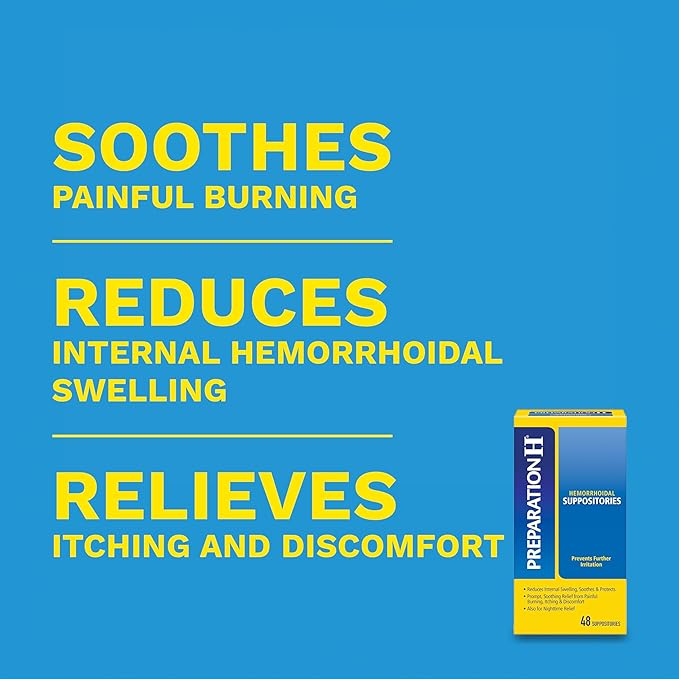 PREPARATION H Hemorrhoid Symptom Treatment Suppositories, Burning, Itching and Discomfort Relief (48 Count)