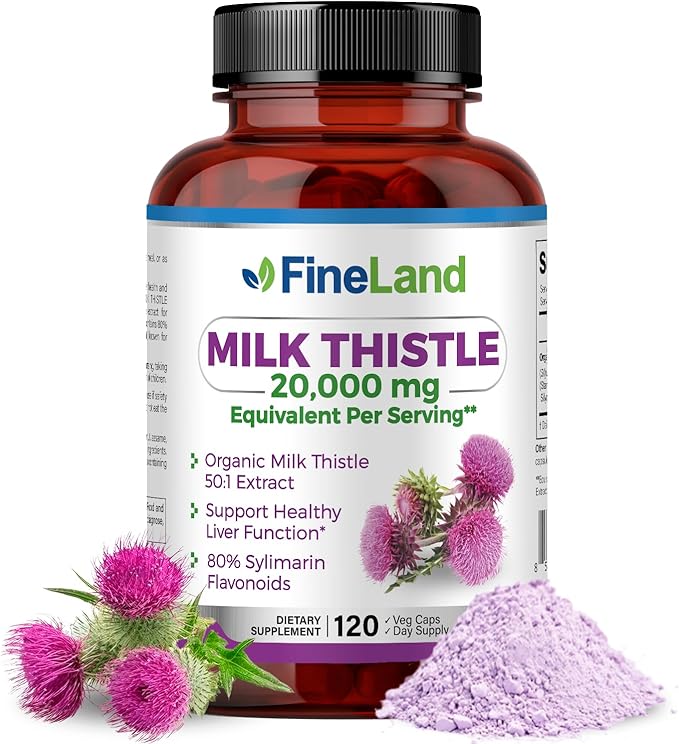 FineLand Milk Thistle Pills 50:1 Extract – 120 Vegan Capsules - 20,000 mg Strenght with 80% Silymarin Flavonoids – Liver & Antioxidant Support | 50X Concentrated Seed Extract - Non-GMO, Made in USA