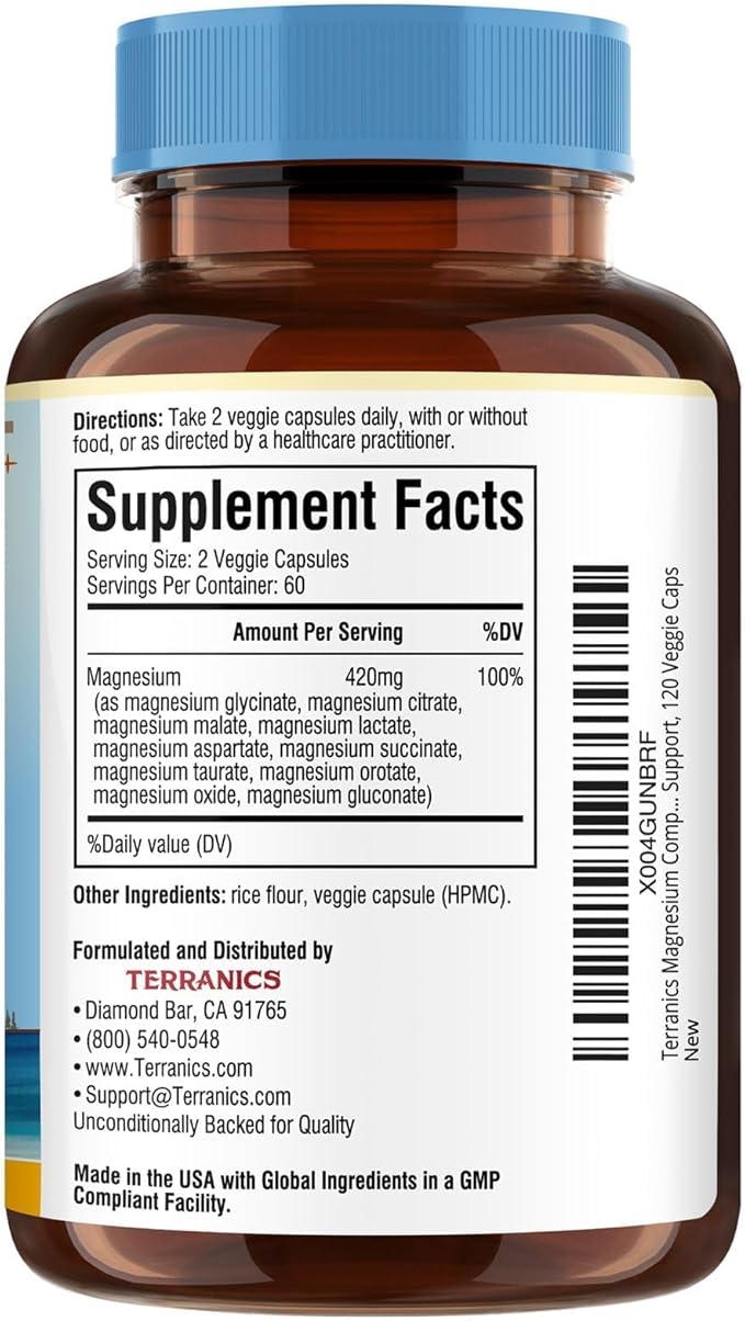 Terranics Magnesium Complex, 420mg, 10-in-1 Full-Spectrum Formula, Glycinate, Citrate, Malate & More, Max Absorption, Bone and Heart Support, 120 Veggie Caps
