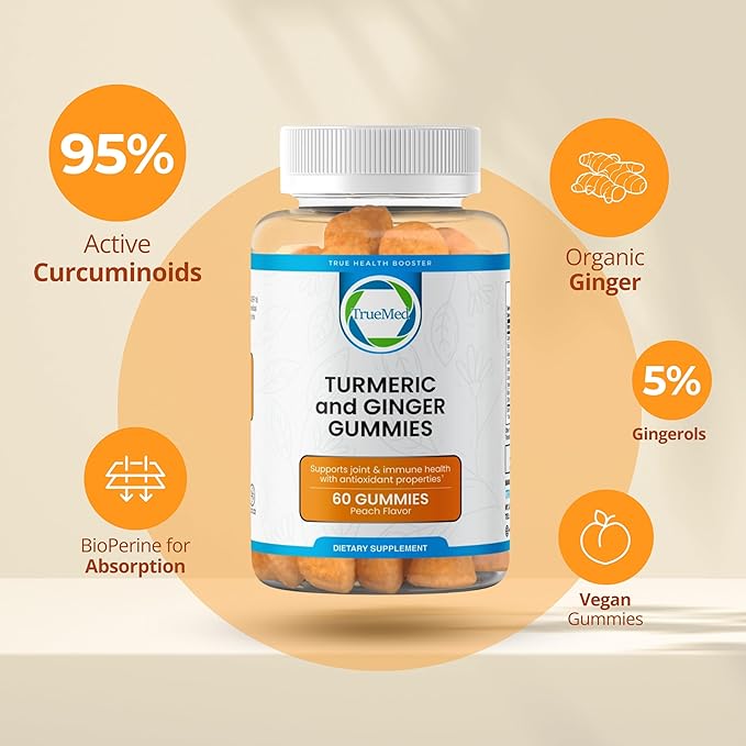 Turmeric and Ginger Supplement Gummies, Organic Turmeric Curcumin,95% Curcuminoids 5% Gingerols Root, Joint Health & Inflammation Support with Black Pepper Extract, Peach Flavor, USA Made -60 Count