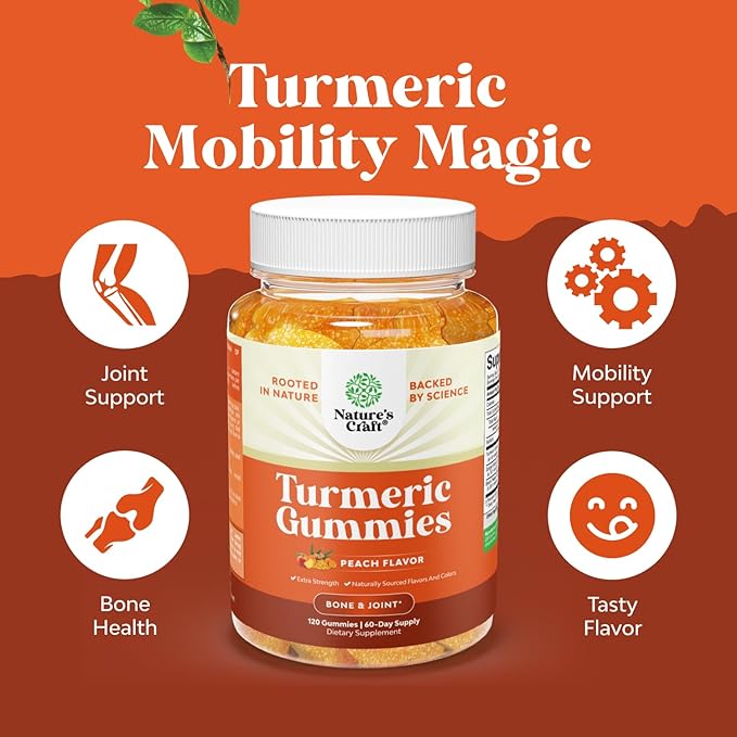 Turmeric Gummies for Adults Peach Flavor - Extra Strength Joint Support Gummies with Turmeric Curcumin with Black Pepper Extract and Ginger - and Ginger Peach Vitamins for Adults